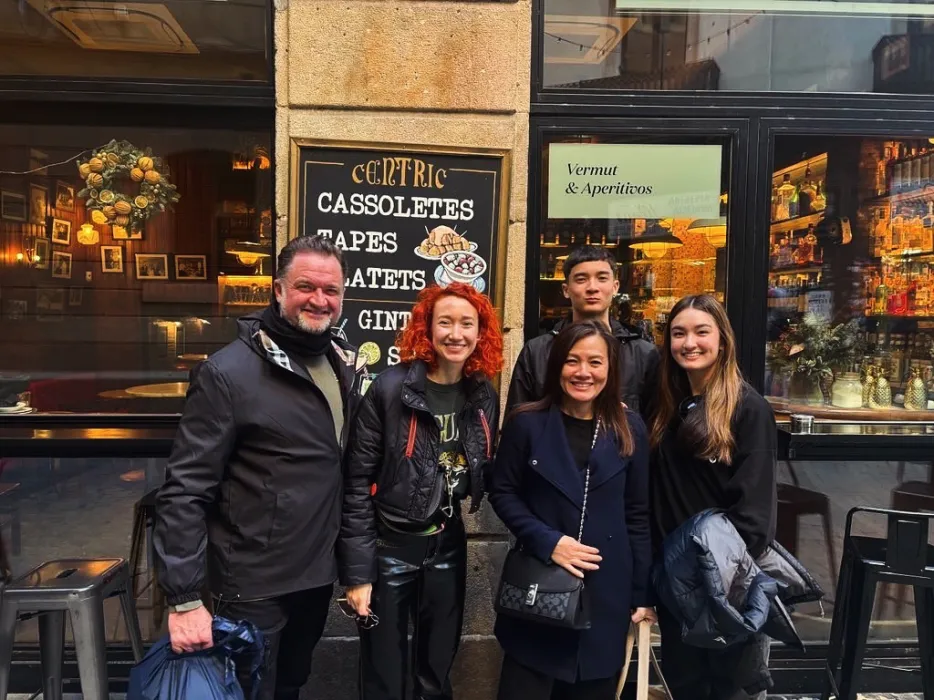 With a family outside a tapas bar in the Gothic Quarter