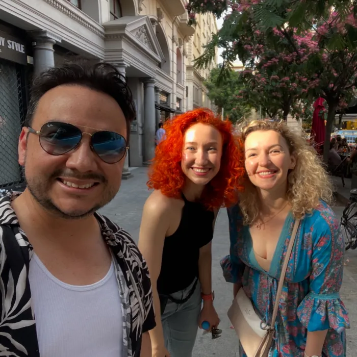 Selfie with clients on a spring street in Barcelona